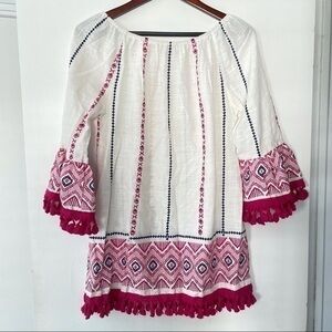Velzera bohemian off the shoulder tunic dress small white pink navy blue cotton